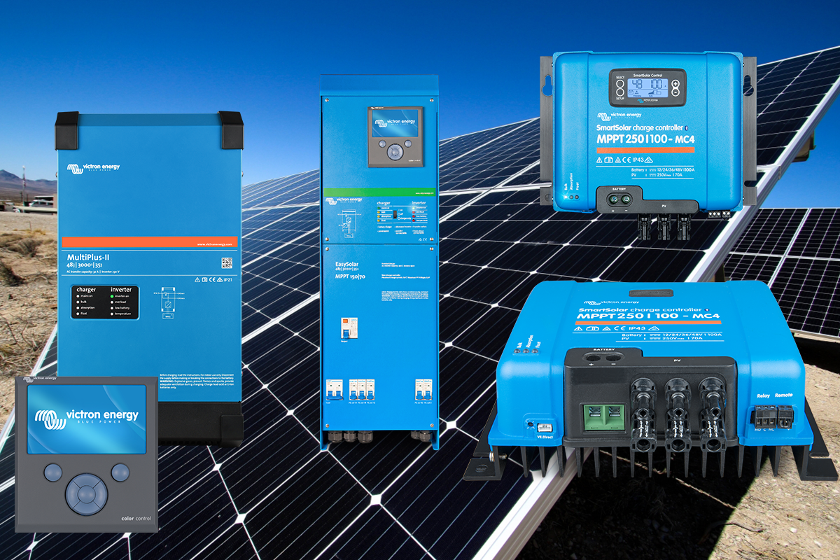 Image showcasing the range of Victron Inverters and Victron Batteries available at IBC SOLAR.